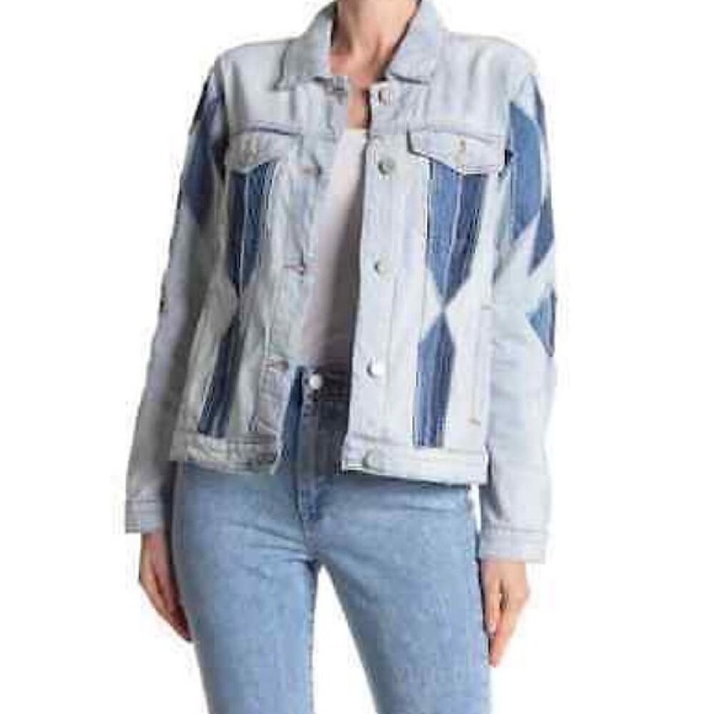 MXsold BLANKNYC Denim Blue Women's Jean Jacket Patchwork Print Distressed Coat